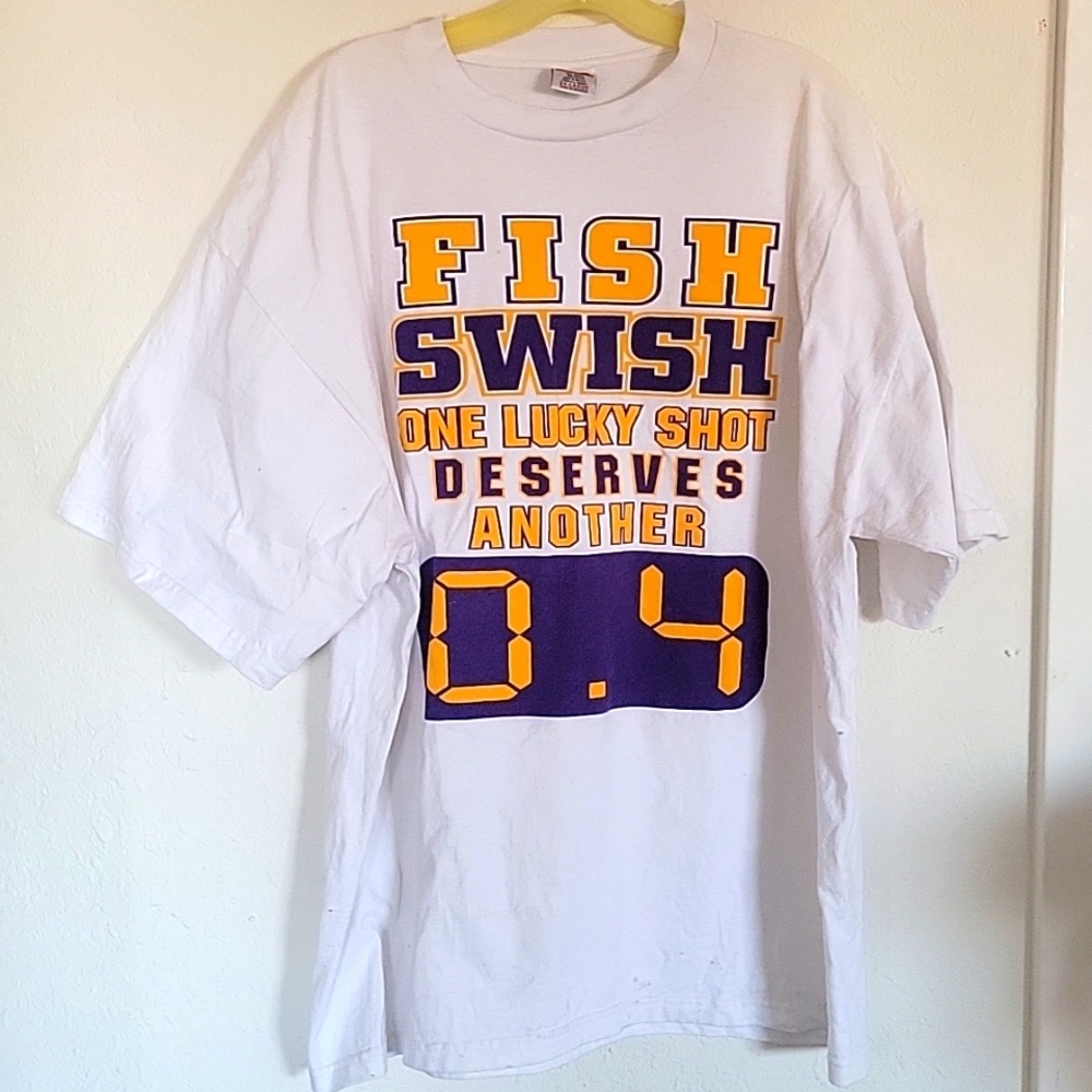 LA LAKERS Fish Swish Graphic Tee Basketball Humor T-Shirt White 2XL Vintage